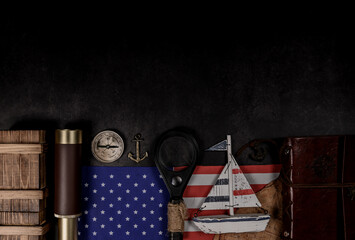 Columbus Day background. Map and discovery of old equipment. Exploration and history of America in...