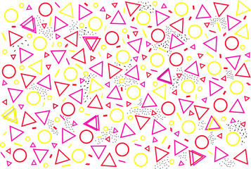 Abstract memphis style seamless design pattern, pink and yellow color icons vector background. Geometric figure shapes banner triangle and circles elements, vector design banner
