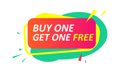 Vector illustration buy one get one free sticker, sign, label. Bright red green sale promotion banner. 