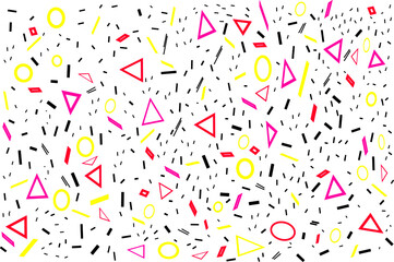 Geometric memphis pattern seamless vector design. Abstract funky geometric figure set on white empty backdrop. Minimalist yellow, black and purple shapes irregular pattern, simple graphic design