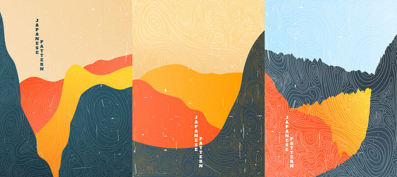 Vector illustration landscape. Wood surface texture. Gradient color. Line wave pattern. Mountain background. Asian style. Design for poster, book cover, web template, brochure. Grunge vintage style