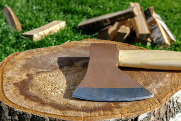 A metal ax with a wooden handle lies on a stump.