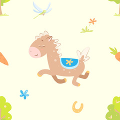 Cute seamless pattern with little running horses and objects.