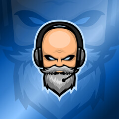 Old beard man esport logo with headset in glossy deep ocean blue gradient background. White beard bald man logo. Suitable for gaming squad or clan logo