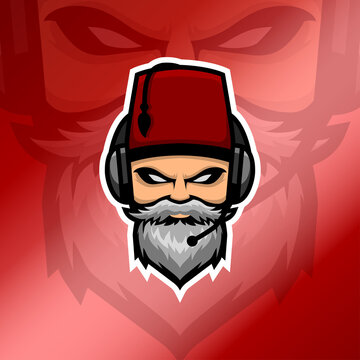 Old beard man esport logo with headset and red fez hat in glossy red gradient background. White beard man logo. Suitable for gaming squad or clan logo