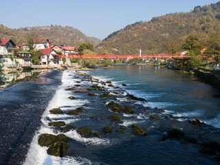 Scenic view of cascades on Vrbas river in Banja Luka during sunny day in autumn.