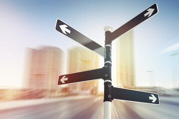 Blank directional road sing on city background