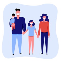 People in safety masks stop the spread of viruses. Prevention in the time of pandemic COVID 19. Family portrait. Happy parents with children. Mother, father, and two kids. Cute family.