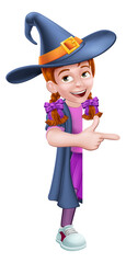 A kid cartoon girl child dressed in a witch Halloween costume peeking around a sign and pointing at it