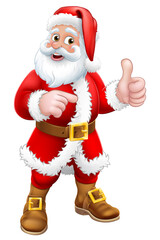 Santa Claus Christmas cartoon character standing giving a thumbs up and pointing.