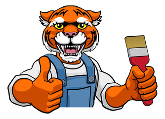 A tiger painter decorator cartoon animal mascot holding a paintbrush peeking around a sign and giving a thumbs up
