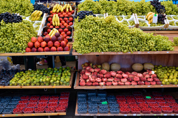 various ripe fruits at market stall, Rovinj, Croatia
