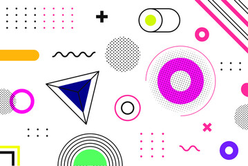 Obraz premium Memphis design elements. Retro funky graphic, 90s trends designs and vintage geometric print illustration element. Constructivism memphis vector isolated symbols collection