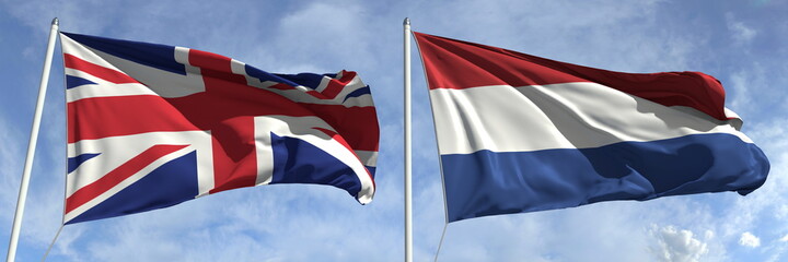 National flags of Great Britain and Netherlands, 3d rendering