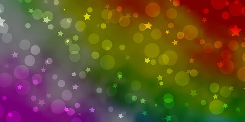 Light Multicolor vector pattern with circles, stars. Colorful disks, stars on simple gradient background. Template for business cards, websites.