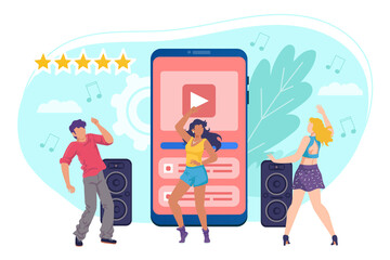 Music in smartphone, mobile technology for dancing party vector illustration. Happy young people listen and dance with musical stream on phones screen. Music player in cellphone.