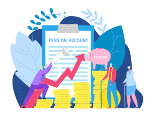Pension retirement income investment concept, vector illustration. Retirement insurance, pension saving plan benefits. Compensation money business insurance fund, financial future planning.