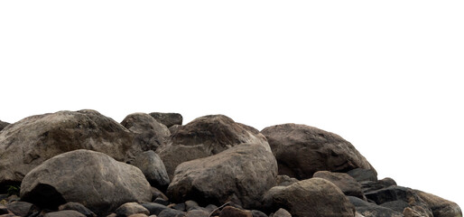 Heap of dark granite boulders and stones isolated on white background © ekim