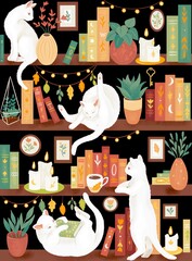 Library cats seamless pattern on black background 