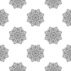 Fantasy seamless pattern with ornamental mandala. Abstract round doodle flower background. Floral geometric circle. Vector illustration.  