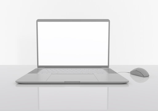 laptop on the reflective gray table, mockup monitor, work at home concept, workplace, 3d render
