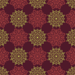 Fantasy seamless pattern with ornamental mandala. Abstract round doodle flower background. Floral geometric circle. Vector illustration.  