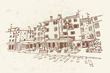 Vector sketch of architecture of Rovinj, Croatia. Retro style.