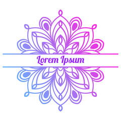 Colorful gradient floral card with blank space in the middle. Invitation template with decorative mandala. Lotus flower card, poster, flyer. Vector illustration. 