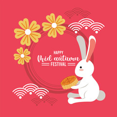 happy mid autumn lettering card with rabbit and fans