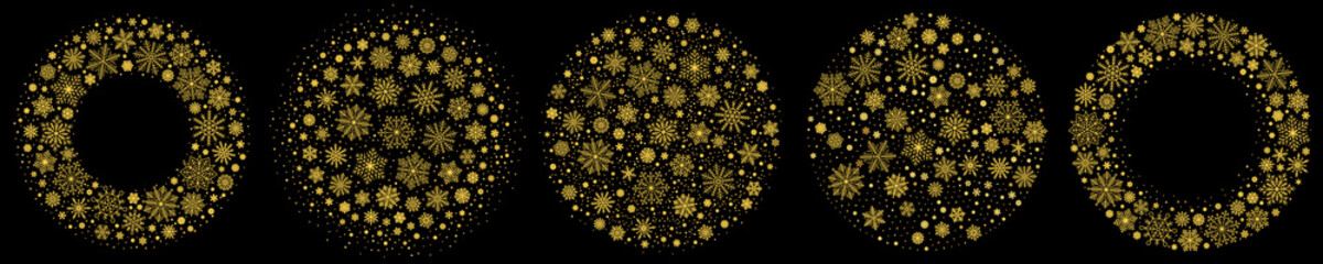 Golden snowflakes circles. Christmas snow frame, round snowflake particles with free space for text and winter holiday snowy circle background vector set