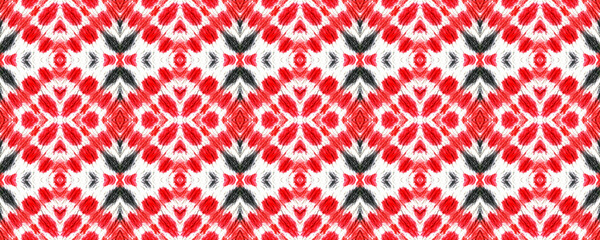 Tibetan Fabric. Abstract Shibori Design. Red, Black, White Seamless Texture. Repeat Tie Dye Rapport. Ikat Russia Design. Tibetan Hand Drawn Fabric Print.