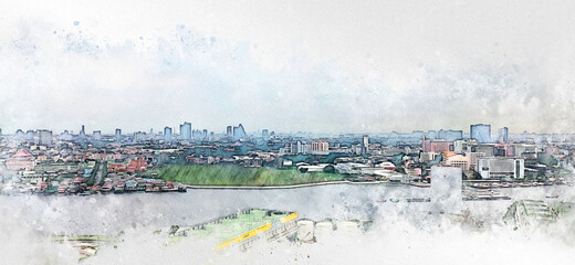 Obraz premium Abstract Building in capital on watercolor painting background and City on Digital illustration brush to art.