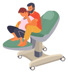 Pregnancy preparing, wife and husband make a position check on a medical chair. Exercising for pregnant woman, giving birth position or pose. Female character waiting for childbirth with caring man