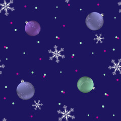 Obraz na płótnie Canvas Seamless vector illustration with Christmas balls and snowflakes on a purple background.