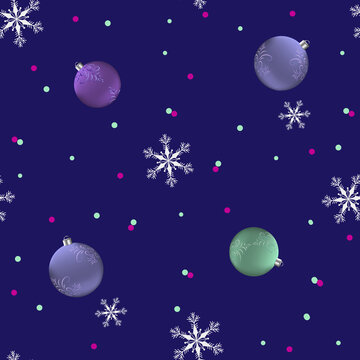 Seamless vector illustration with Christmas balls and snowflakes on a purple background.