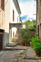 Fototapeta na wymiar The town center with traditional historic houses, old narrow street and flower pots in the small Istrian city Buzet, Croatia