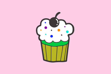 sweet cake on pink. cherry on a cupcake on a light background. delicious dessert with raisins