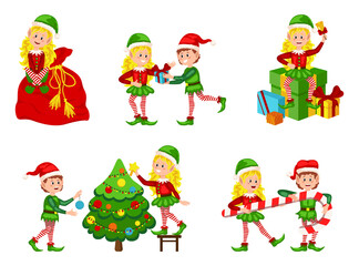 Set of cute playful Christmas elves. Collection of cute Santa Claus helpers. Bundle of little Santa's helpers holding holiday gifts and decorations. 