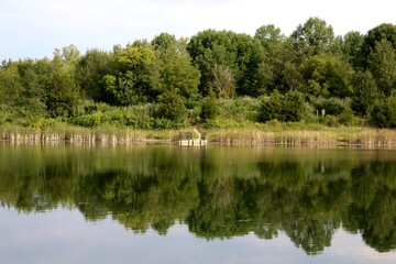 The peaceful lake and the reflections of the trees in water.