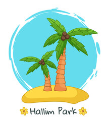 Banner with image one of the main attraction of the south korean island Jeju and the inscription Hallim park. Palm trees with coconut on the beautiful tropical island against the sea summer postcard