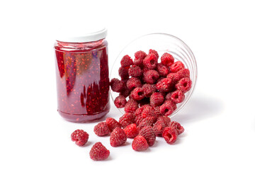 raspberry jam and raspberries isolated on white background
