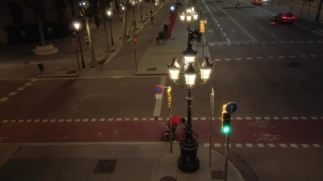Barcelona. Empty street. Paseo de Gracia, Pedrera, during coronavirus pandemic. Aerial