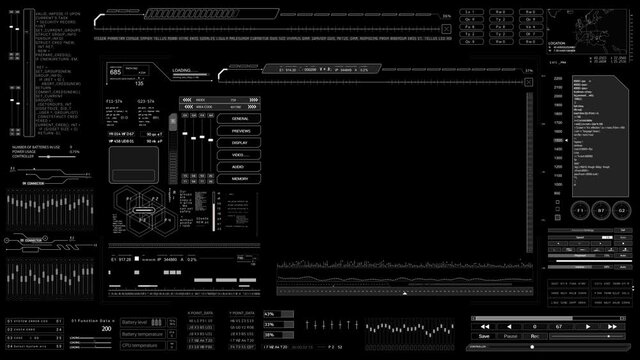 HUD technological futuristic intro.SciFi data User Interface.Digital infographic elements.2D Graphic.CG.Black background for Luma Alpha Matte.