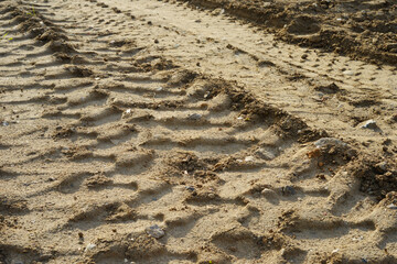 Traces of heavy truck tyres on a dry earth outdoor