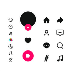 Social media templates modern design buttons web application. Set icons: search, story, like, share, hashtag, user, comment, note, home, plus. Vector illustration. 