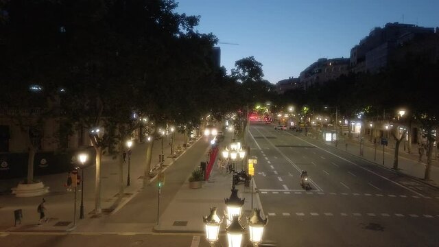 Barcelona. Empty street. Paseo de Gracia, Pedrera, during coronavirus pandemic. Aerial