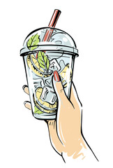 female hand holding glass with fruit water and ice