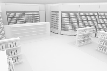 3D Illustration Rendering. Clean Pharmacy views on white backgorund for presentation and mockup blueprints. Architectural visualization of Modern interior design store.