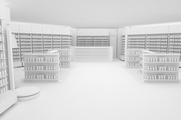 3D Illustration Rendering. Clean Pharmacy views on white backgorund for presentation and mockup blueprints. Architectural visualization of Modern interior design store.