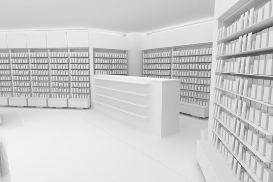 3D Illustration Rendering. Clean Pharmacy views on white backgorund for presentation and mockup blueprints. Architectural visualization of Modern interior design store.
